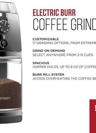 Chefman Coffee Grinder Electric Burr Mill - Freshly Grinds Up to 2.8oz Beans, Large Hopper with 17 Grinding Options for 2-12 Cups, Easy One Touch Operation, Cleaning Brush Included, Black