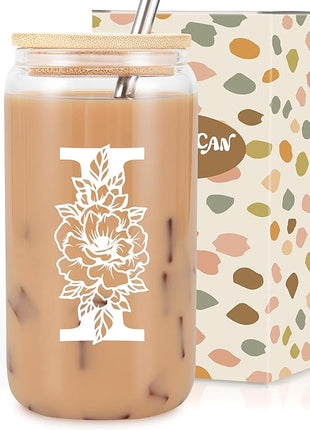 Coolife Initial Glass Cup, Monogrammed Gifts for Women, 16 oz Glass Cups w/Lids Straws, Iced Coffee Smoothie Beer Tumbler w/Straw Lid - Personalized Christmas, Birthday Gifts for Her Mom Friend Woman