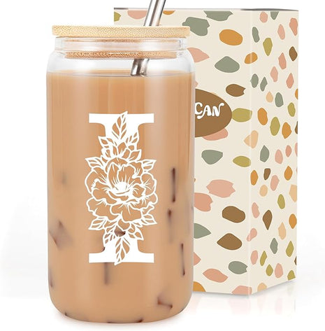 Coolife Initial Glass Cup, Monogrammed Gifts for Women, 16 oz Glass Cups w/Lids Straws, Iced Coffee Smoothie Beer Tumbler w/Straw Lid - Personalized Christmas, Birthday Gifts for Her Mom Friend Woman