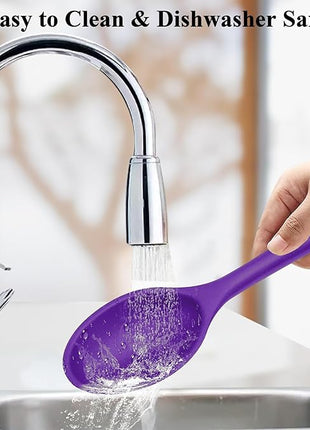 Silicone Spoon for Cooking, BPA Free Silicone Slotted Solid Spoons Set Heat Resistant, Dishwasher Safe Nonstick Silicone Kitchen Serving Spoon Set for Mixing Basting Stirring, Purple
