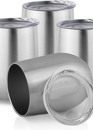 DOMICARE Stainless Steel Wine Tumbler Bulk with Lid, Personalized Insulated Tumblers Set, 12oz Travel Coffee Cups Pack of 4, Stainless steel