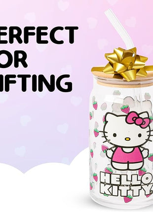 Silver Buffalo Sanrio Hello Kitty Strawberry Glass Jar Tumbler with Bamboo Lid and Glass Straw, 16 Ounces
