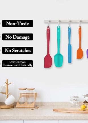 HOTEC Heat Resistant 600℉ Food Grade Silicone Rubber Spatula Set for Baking, Cooking, and Mixing Non Stick Dishwasher Safe BPA-Free Multicolor Set of 5