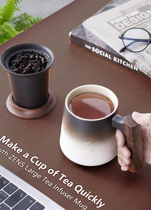 ZENS Tea Mug with Infuser and Lid for Loose Leaf Tea Steeper, 14.5 oz Embossed Ceramic Tea Cup with Fine Strainers and Wood Handle, Diffusers Accessories for Tea Lovers Gifts