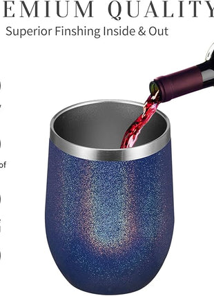 MEWAY 12oz/12 Pack Wine Tumbler Glasses with Lid - Stemless Double Wall Vacuum Stainless Steel Glitter Tumbler - Keeping Cold & Hot Cup for Coffee,for Women(Rainbow Navy,Set of 12)