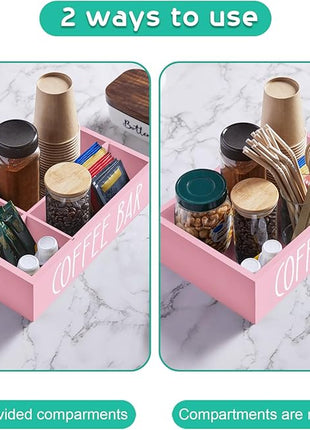 ALELION ALEION Coffee Station Organizer - Wood Countertop Accessories Organizer with Removable Dividers for Pods Condiment Syrup Tea Cups Stirrers - Pink Decor for Kitchen Coffee Bar
