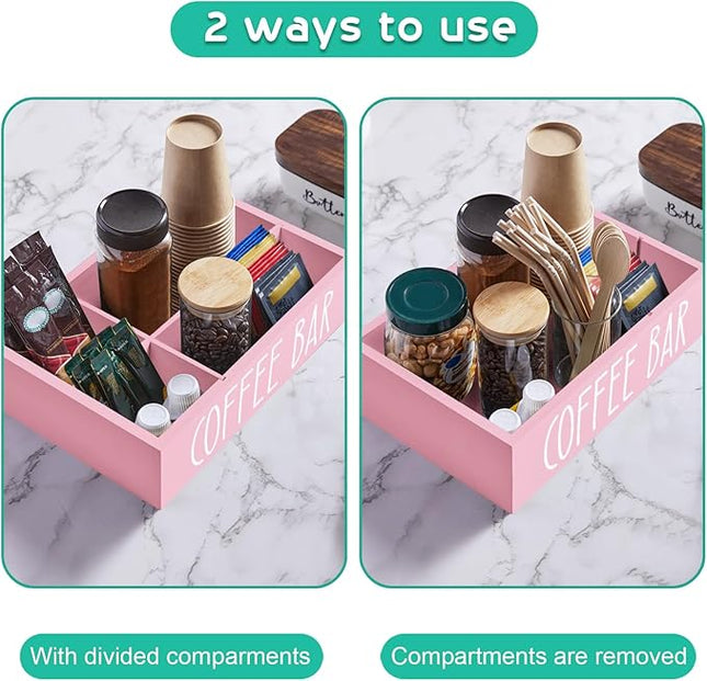 ALELION ALEION Coffee Station Organizer - Wood Countertop Accessories Organizer with Removable Dividers for Pods Condiment Syrup Tea Cups Stirrers - Pink Decor for Kitchen Coffee Bar