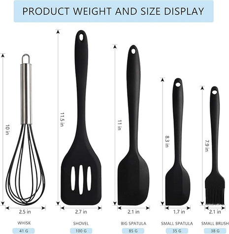 NileHome 4 Pack Silicone Spatula and Whisk Kitchen Utensils with Silicone Brush Heat Resistant BPA-free Rubber Spatula for Scraping, Baking, Cooking, Mixing-Black