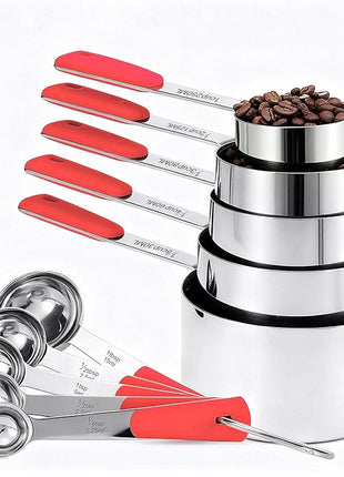 Measuring Cups and Spoons Set Stainless Steel 10 Piece for Cooking and Baking (5 Cups + 5 Spoons, Red Handle)