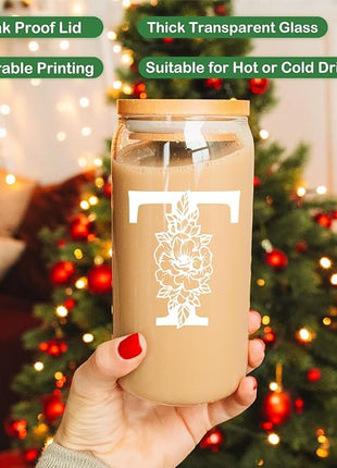 Coolife Initial Glass Cup, Monogrammed Gifts for Women, 16 oz Glass Cups w/Lids Straws, Iced Coffee Smoothie Beer Tumbler w/Straw Lid - Personalized Christmas, Birthday Gifts for Her Mom Friend Woman