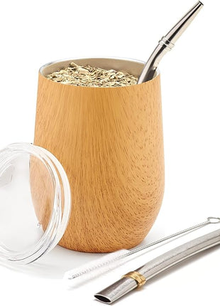 BALIBETOV 5 pcs large Yerba Mate Cup and Bombilla Kit, Includes one 12 oz Yerba Mate Gourd with Lid, Two Bombillas Mate Straw and one cleaning brush | Stainless steel | Double Walled