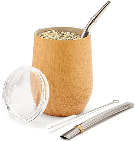 BALIBETOV 5 pcs large Yerba Mate Cup and Bombilla Kit, Includes one 12 oz Yerba Mate Gourd with Lid, Two Bombillas Mate Straw and one cleaning brush | Stainless steel | Double Walled