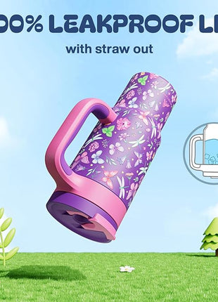 24 oz Insulated Tumbler for Kids: Spill-Proof, 2-in-1 Straw Lid, Cold for 26 Hrs, Stainless Steel Cup with Handle for School, Camping, Gift, Daily, Outdoor, Trip, Travel, Vacation (Butterfly Field)