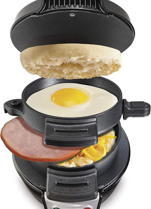 Hamilton Beach Breakfast Sandwich Maker with Egg Cooker Ring, Customize Ingredients, Perfect for English Muffins, Croissants, Mini Waffles, Perfect White Elephant Gifts, Black (25477)