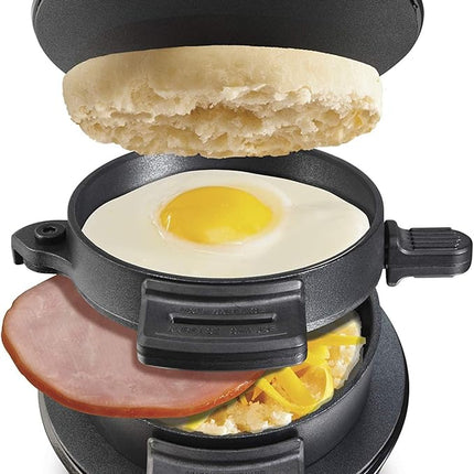 Hamilton Beach Breakfast Sandwich Maker with Egg Cooker Ring, Customize Ingredients, Perfect for English Muffins, Croissants, Mini Waffles, Perfect White Elephant Gifts, Black (25477)