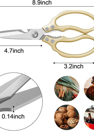 CGBE Kitchen Scissors All Purpose Heavy Duty, Ultra Sharp Stainless Steel Kitchen Shears Dishwasher Safe, Cooking Shears for Chicken, Poultry, Fish, Meat, Herbs & Grapes with Non-Slip Grips - Gold