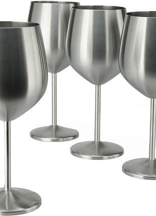 PG Set of 4 Stainless Steel Wine Glass - 18.5oz Silver Brush Finished Wine Glasses - Unbreakable Wine Glasses - Stem Metal Wine Goblets