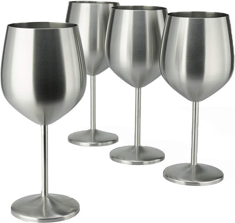 PG Set of 4 Stainless Steel Wine Glass - 18.5oz Silver Brush Finished Wine Glasses - Unbreakable Wine Glasses - Stem Metal Wine Goblets