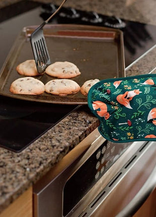Pot Holders Set of 2 Heat Resistant 480℉ Kitchen 100% Cotton Comfortable Lining Printing Fox Flower Women Men Home Cooking Baking Microwave BBQ Gift(Fox Flower)