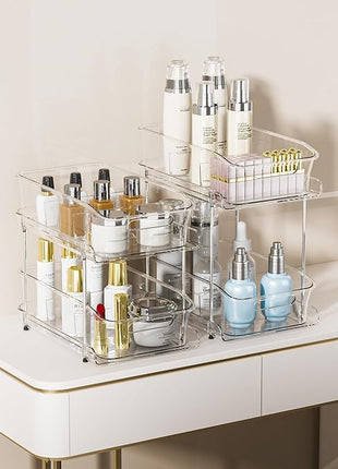 Delamu 2-Tier Under Sink Organizers and Storage, Multi-Purpose Stackable Bathroom Cabinet organizers, Pull Out Kitchen Pantry Organization and Storage with Dividers(2 Pack, Clear)