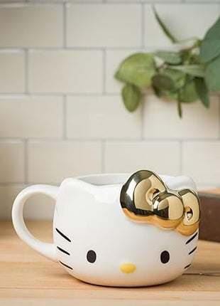 Silver Buffalo Sanrio Hello Kitty Gold Chrome Reflective Bow Ceramic 3D Sculpted Mug, 20 Ounces