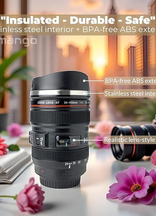 Camera Lens Coffee Mug with Slider Lid – Realistic DSLR Thermos Cup, Novelty Gift for Photographers, Coffee Lovers, Men & Women