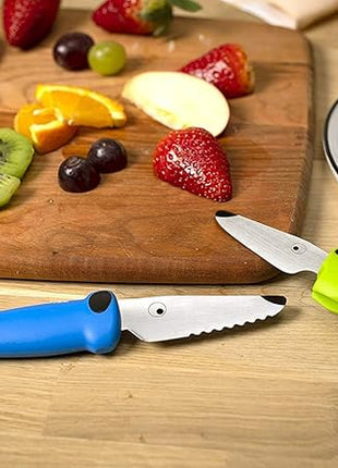 Kuhn Rikon Kinderkitchen® Kids Chef Knife Set 6", 2 Pieces, Green/Blue | Straight Edge & Serrated Knife | Cutting Tool Made for Real Cooking | Child Friendly Dog Design With Hand Guard For Safety