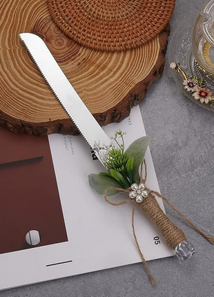 TANG SONG Rustic Style Stainless Steel Wedding Cake Knife and Serving Set Resin Plastic Handle with Artificial Green Leaf shape Design