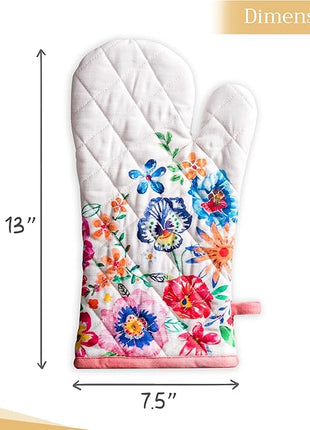 Maison d' Hermine Oven Gloves 100% Cotton Oven Mitt 7" x 13" with Loop Heat Resistant, BBQ, Cooking Gloves, Grilling, Kitchen, Handling Hot Pans Spring/Summer (Pack of 1, Happy Florals - High Summer)