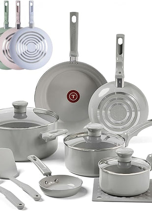 T-Fal Refresh Ceramic Nonstick Cookware Set, 12-Piece Ceramic Pots and Pans Set, Includes Stockpot, Griddle, Frying Pans, Utensils, Moon Grey