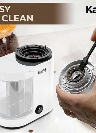 Kaffe Electric Burr Coffee Grinder (5.5oz) w/Adjustable Coarseness Settings - Flat Burr - [New Upgraded Motor ] - Precision Coffee Bean Grinder for Home Use - White