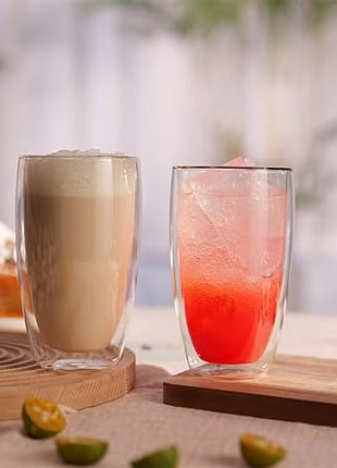 CNGLASS Double Wall Thermo Glass Coffee Cup 13.5 oz,Clear Insulated Glass Coffee Mug for Latte Cappuccino Tea Milk,Set of 4