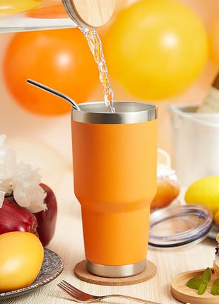 MEWAY 30oz Insulated Tumbler With Lids and Straws,Stainless Steel Double Vacuum Coffee Tumbler Cup, Brush, Durable Powder Coated Coffee Cup for Cold & Hot Drinks, Office, Travel(Orange,4 PACK)