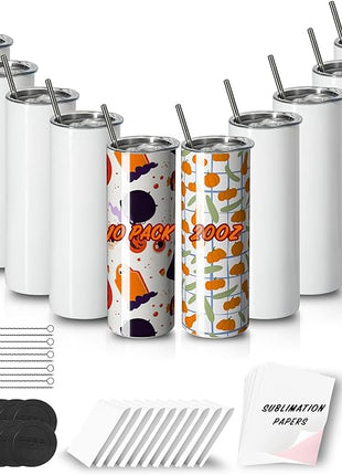 MURRICON Sublimation Tumblers 20 oz Skinny Straight,Stainless Steel Sublimation Blanks Skinny Tumbler,Double Wall Vacuum Insulated Tumblers,with lid and straw,10 Pack