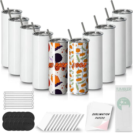 MURRICON Sublimation Tumblers 20 oz Skinny Straight,Stainless Steel Sublimation Blanks Skinny Tumbler,Double Wall Vacuum Insulated Tumblers,with lid and straw,10 Pack