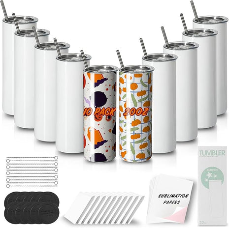 MURRICON Sublimation Tumblers 20 oz Skinny Straight,Stainless Steel Sublimation Blanks Skinny Tumbler,Double Wall Vacuum Insulated Tumblers,with lid and straw,10 Pack