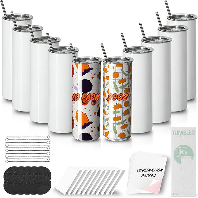 MURRICON Sublimation Tumblers 20 oz Skinny Straight,Stainless Steel Sublimation Blanks Skinny Tumbler,Double Wall Vacuum Insulated Tumblers,with lid and straw,10 Pack