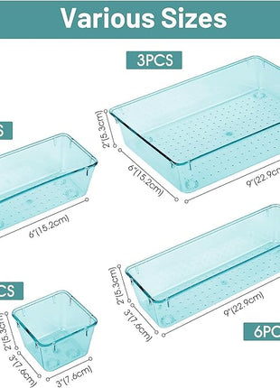 WOWBOX 25 PCS Plastic Drawer Organizer Set, 4 Sizes Desk Drawer Divider Organizers and Storage Bins for Makeup, Jewelry, Gadgets for Kitchen, Bedroom, Bathroom, Office, Sea Blue