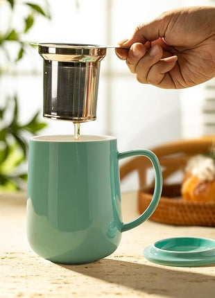 Sweese 20 OZ Porcelain Tea Mug with Infuser and Lid, Loose Leaf Tea Cup, Gifts for Tea Lover - Mint Green