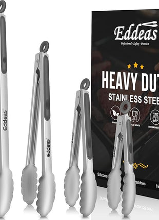 Tongs For Cooking - Heat Resistant 600 Degrees Metal Kitchen Tongs, Heavy Duty Stainless Steel Tongs - Perfect for Food, BBQ Set of 4, 7-9-12 &14 inch Grey