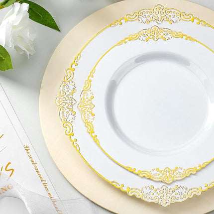350PCS Gold Plastic Plates for 50 Guests, Disposable Dinnerware Sets Include 100 Gold Rim Plastic Plates, 50 Silverwares, 50 Cups, and 50 Pre Rolled Napkins for Party, Wedding, Graduation