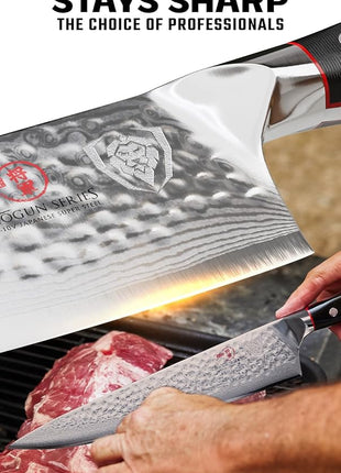 Dalstrong Chef Knife - 10.25 inch Blade - Shogun Series ELITE - Damascus - Japanese AUS-10V Super Steel - G10 Black Handle - Razor Sharp Kitchen Knife - Hammered Finish - Chef's Knife - Sheath