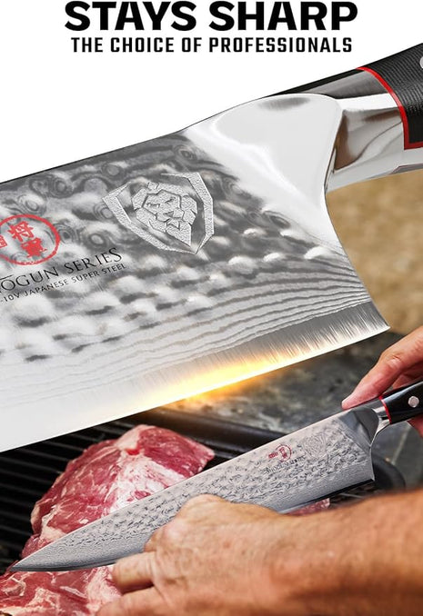 Dalstrong Chef Knife - 10.25 inch Blade - Shogun Series ELITE - Damascus - Japanese AUS-10V Super Steel - G10 Black Handle - Razor Sharp Kitchen Knife - Hammered Finish - Chef's Knife - Sheath