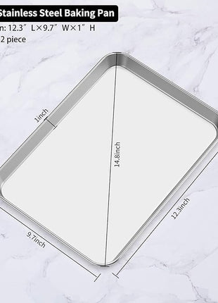 Baking Sheets 2 Pieces, Bastwe Cookie Sheets Set Stainless Steel Baking Pans Toaster Oven Tray Pans, Rectangle Size 12 × 10 × 1 inch, Rustproof & Healthy & Easy Clean & Dishwasher Safe