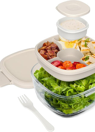 Bentgo Glass All-in-One Salad Container - Large 61-oz Salad Bowl with Lid, 4-Compartment Bento-Style Tray, 3-oz Sauce Container, & Reusable Fork - Dishwasher, Microwave, & Oven Safe (White Stone Tan)