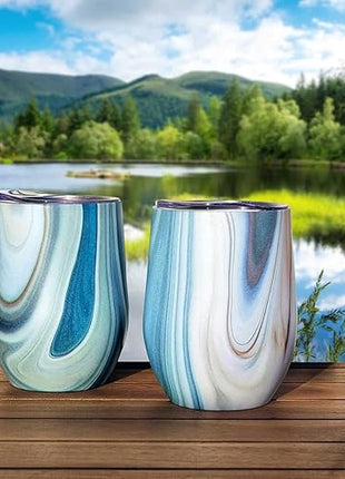 CHILLOUT LIFE 12 oz Stainless Steel Wine Tumblers 2 Pack - Double Wall Vacuum Insulated Wine Glasses Cups with Lids and Straws Set Keeping Cold & Hot for Coffee, Beer, Ice Cream - Ocean Marble Pattern