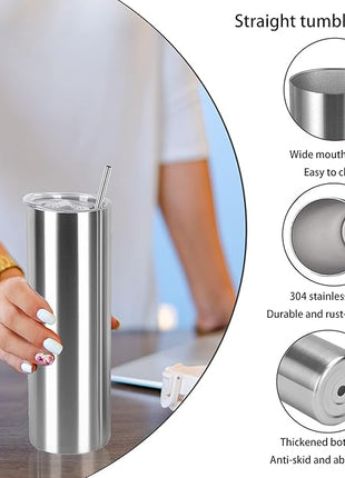 30 Oz Straight Skinny Tumbler Set, Stainless Steel Slim Skinny Travel Tumbler Bulk, Birthday Diy Gift For Women Friends Sisters, 4 Pack, Silver