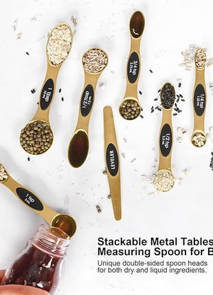 Magnetic Measuring Spoons Set Stainless Steel with Leveler-9pcs Stackable Measuring Cups for Baking-Measuring Cups and Spoon Set Kitchen Gadgets Apartment Essentials Fits in Spice Jars