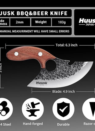 Huusk Knives, Viking Boning Knife for Meat Cutting, Small Ulu knives, Caveman Ultimo Knives Hand Forged Full Tang Knives for Kitchen or Camping Christmas Gift