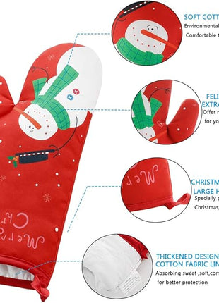 Oven Mitts and Potholders BBQ Gloves-Oven Mitts and Pot Holders with Recycled Infill Silicone Non-Slip Cooking Gloves for Cooking Baking Grilling (4-Piece Set) (Red Christmas Snow)